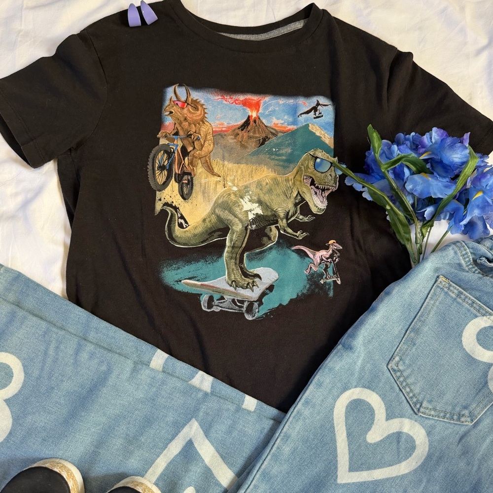 Old Navy Black Dino and Skateboard Neck T-Shirt